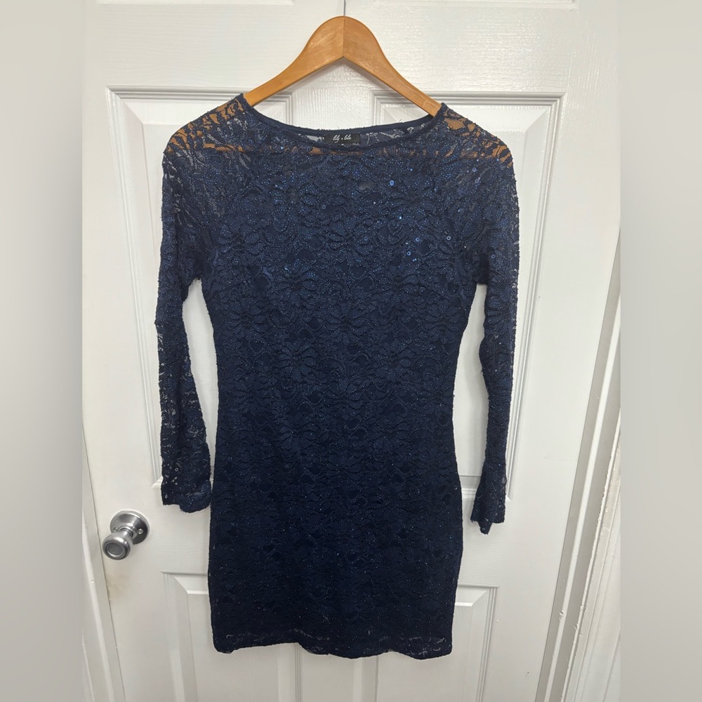 Bodycon Lace & Sequin Party Wear Navy Dress, Sz M